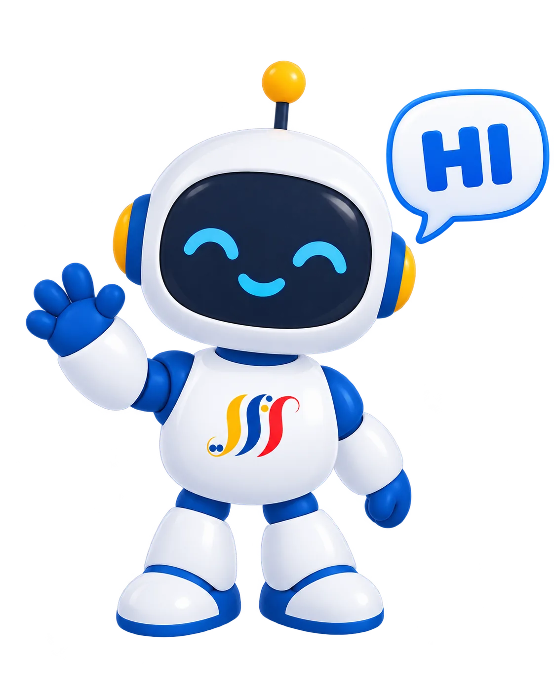 Mascotte 3D MinassaHelper souriante qui salue et dit HI